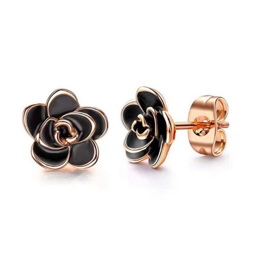 14K Rose Gold Plated Black Rose Flower Stud Earrings for Women