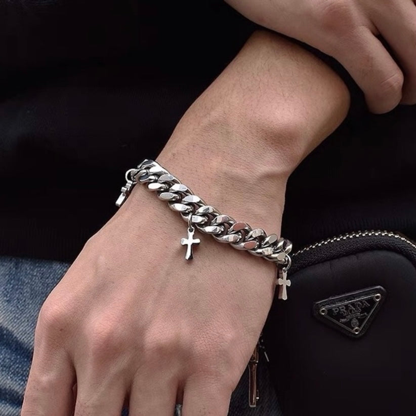 Titanium Steel Link Chain Cross Charm Bracelet for Men,Unisex Hip Hop Bracelet