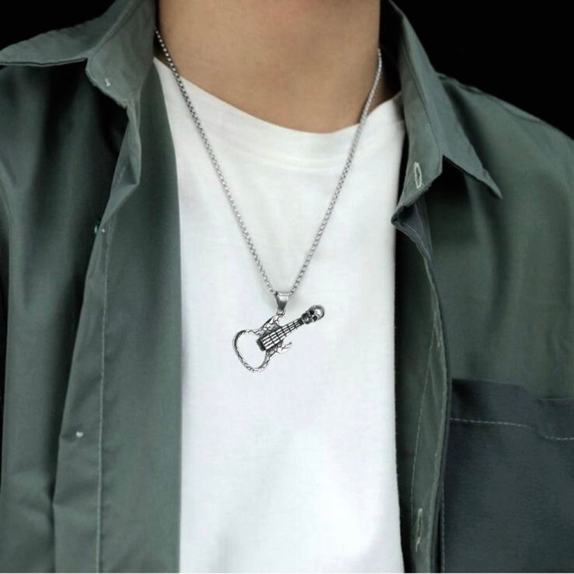 Titanium Steel Guitar Pendant Necklace for Men Women,Unisex Hip Hop Necklace