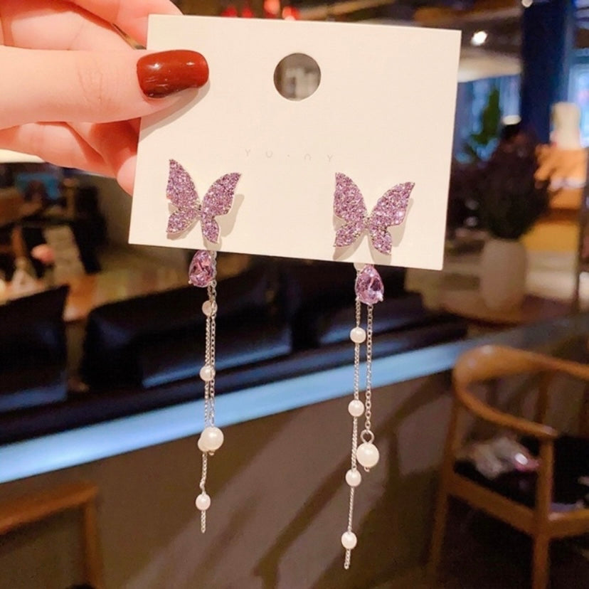 Purple Butterfly Tassel Pearl Dangle Drop Earrings for Women