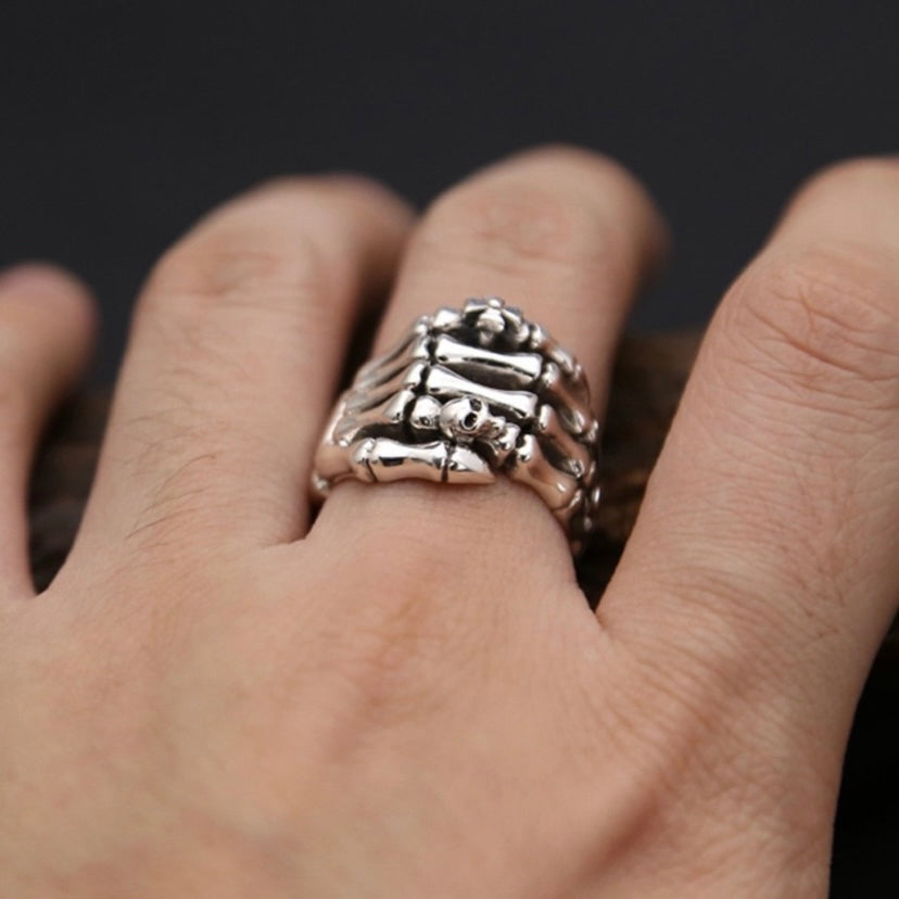 925 Silver Plated Adjustable Skull Hand Ring for Men Women,Punk Hip Hop Ring