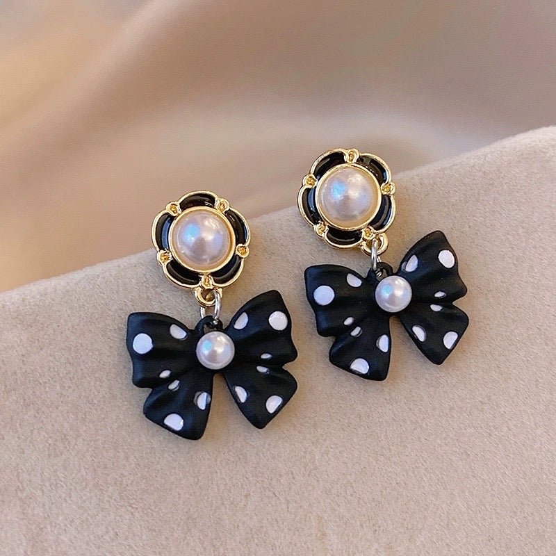 Women's Bow White Pearl Drop Dangle Earrings