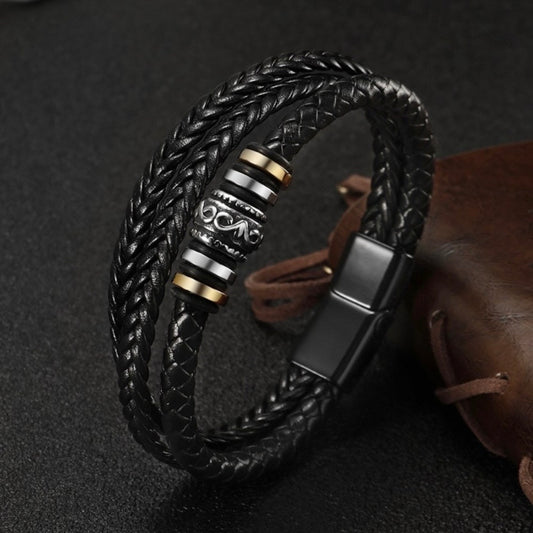 Stainless Steel Magnetic Clasp Multi Layer Braided Leather Bracelet for Men