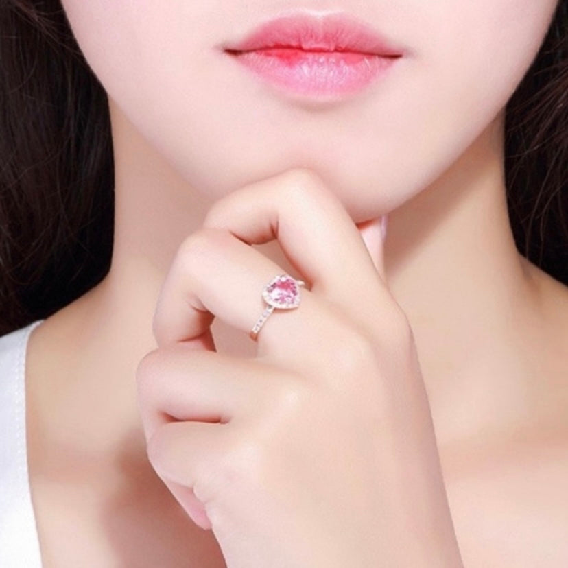 14K Rose Gold Plated Adjustable Pink Gemstone Crystal Love Heart Ring for Women