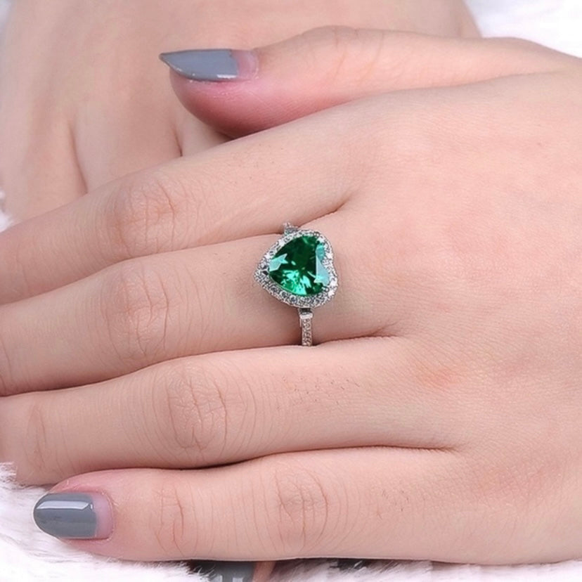 18K White Gold Plated Adjustable Birthstone Green Crystal Love Heart Ring