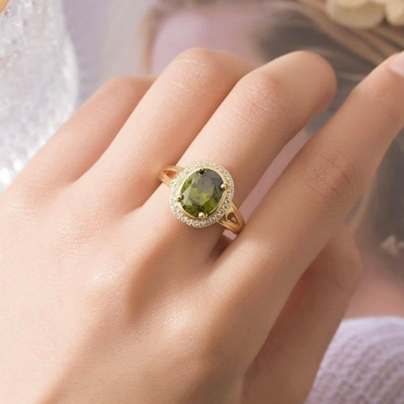 18K Gold Plated Adjustable Birthstone Crystal Green Peridot Ring for Women
