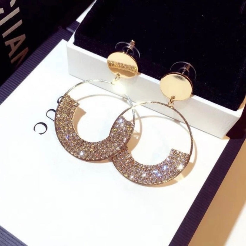 14K Gold Plated Rhinestone Dangle Drop Hoop Earrings for Women