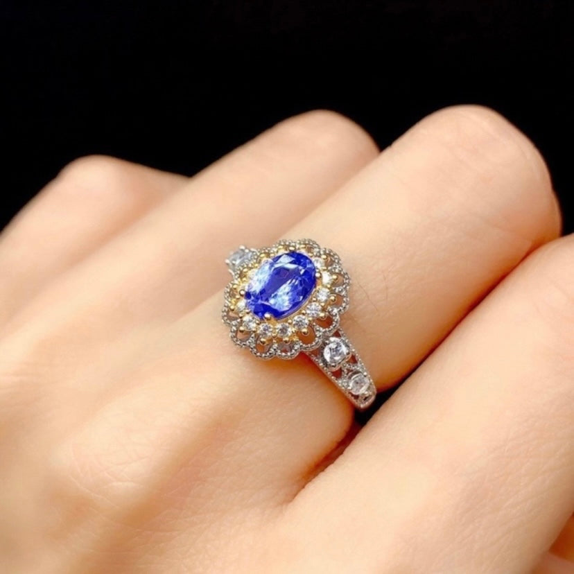 18K White Gold Plated Adjustable Hollow Blue Crystal Sapphire Ring for Women