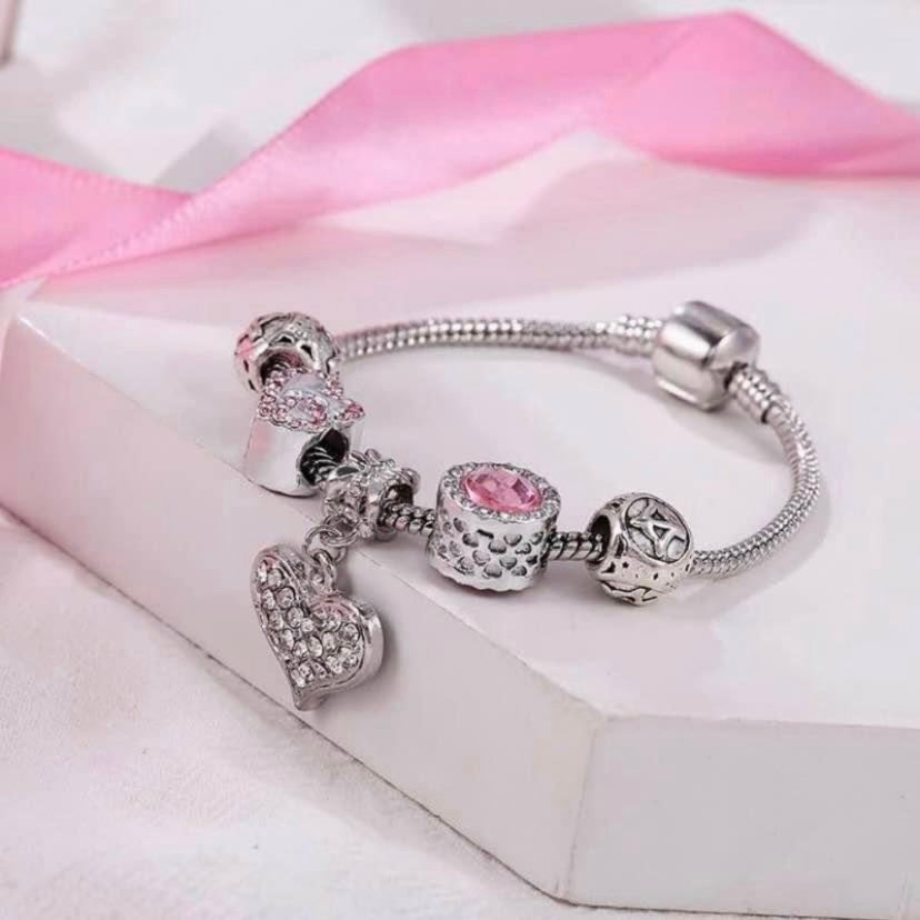 925 Silver Plated Crystal Love Heart Charm Bracelet for Women
