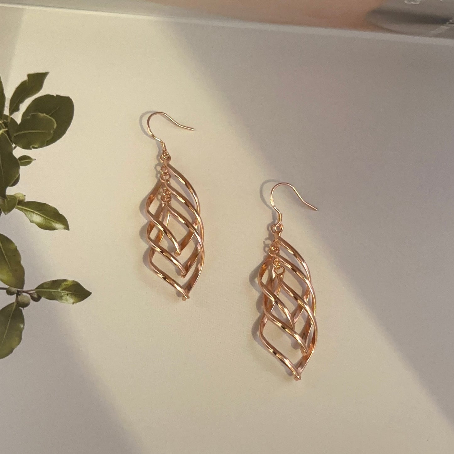 14K Rose Gold Plated Twist Leaf Dangle Drop Earrings for Women