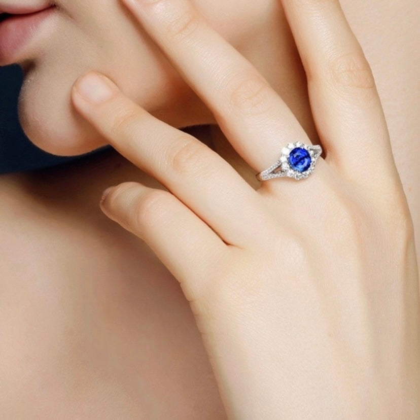 18K White Gold Plated Adjustable Birthstone Blue Crystal Sapphire Ring for Women