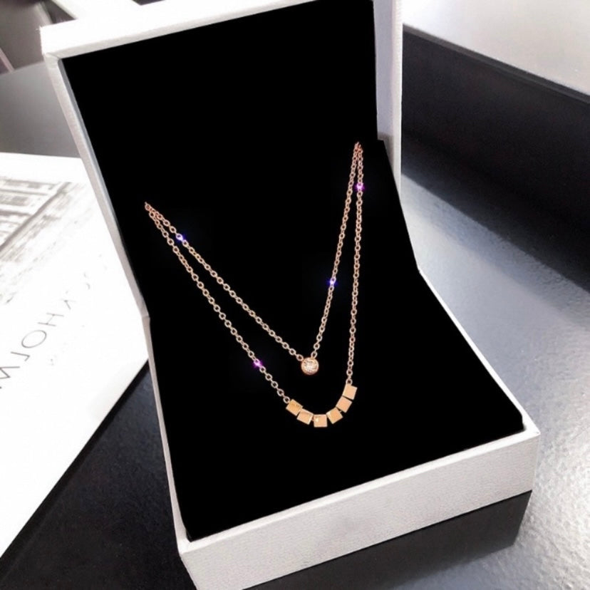 14K Rose Gold Plated Double Row Square Pendant Necklace for Women