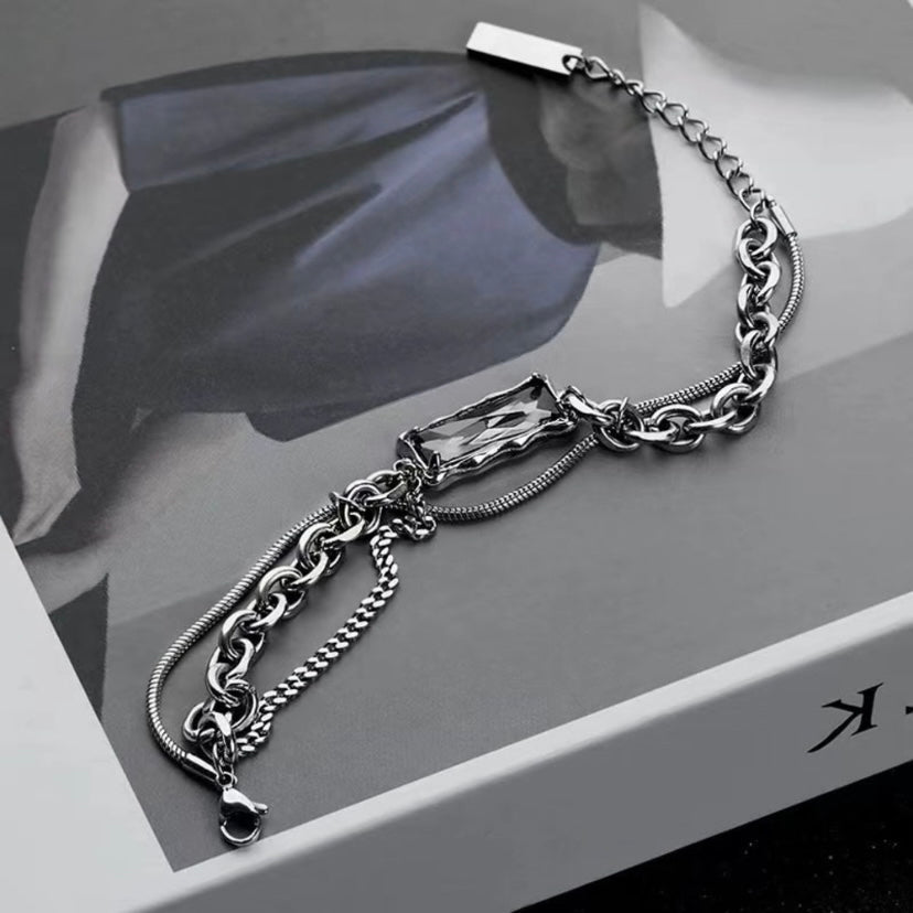 Titanium Steel Layered Black Crystal Charm Bracelet for Men Women