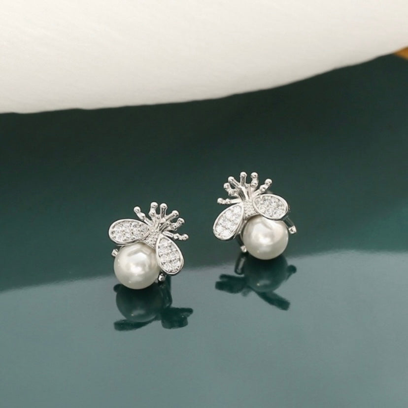 Cute Mini Bee Pearl Stud Earrings for Women