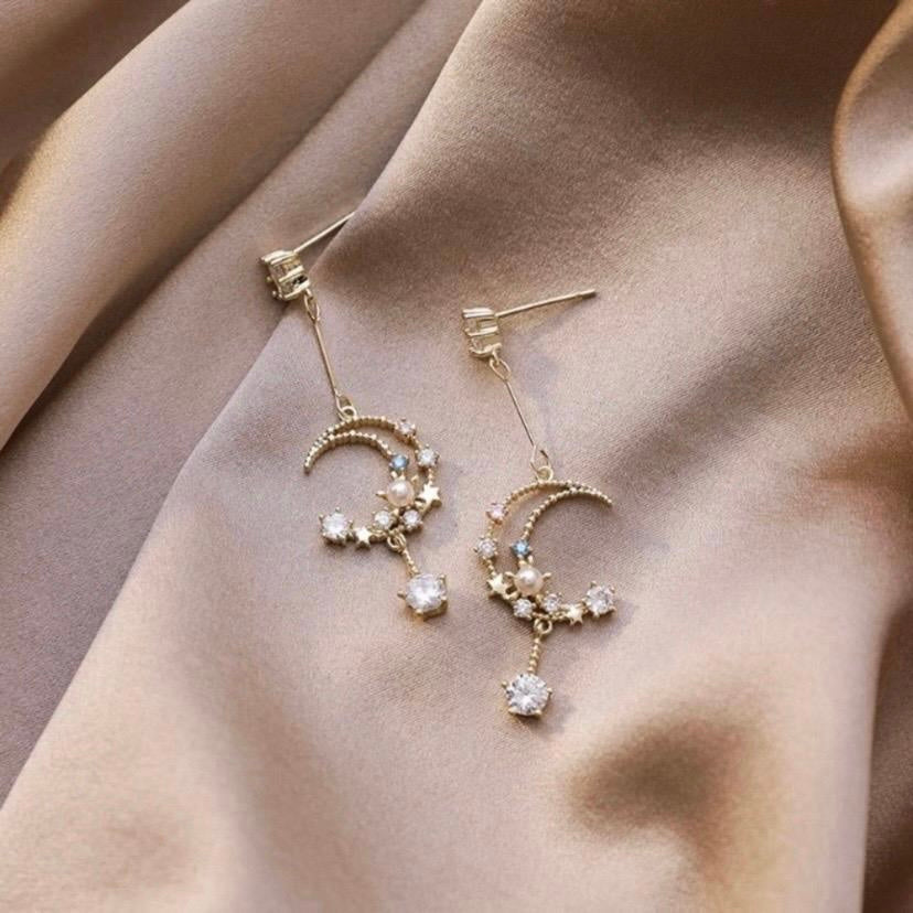 Crystal Moon Star Dangle Drop Tassel Earrings for Women
