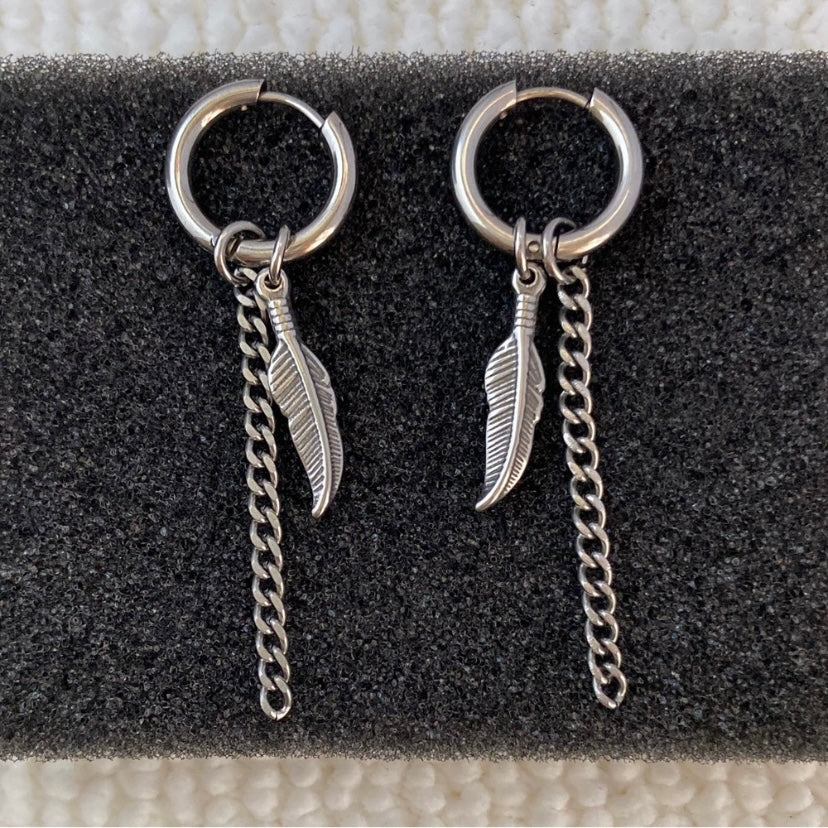 Stainless Steel Feather Dangle Drop Earrings for Men Women