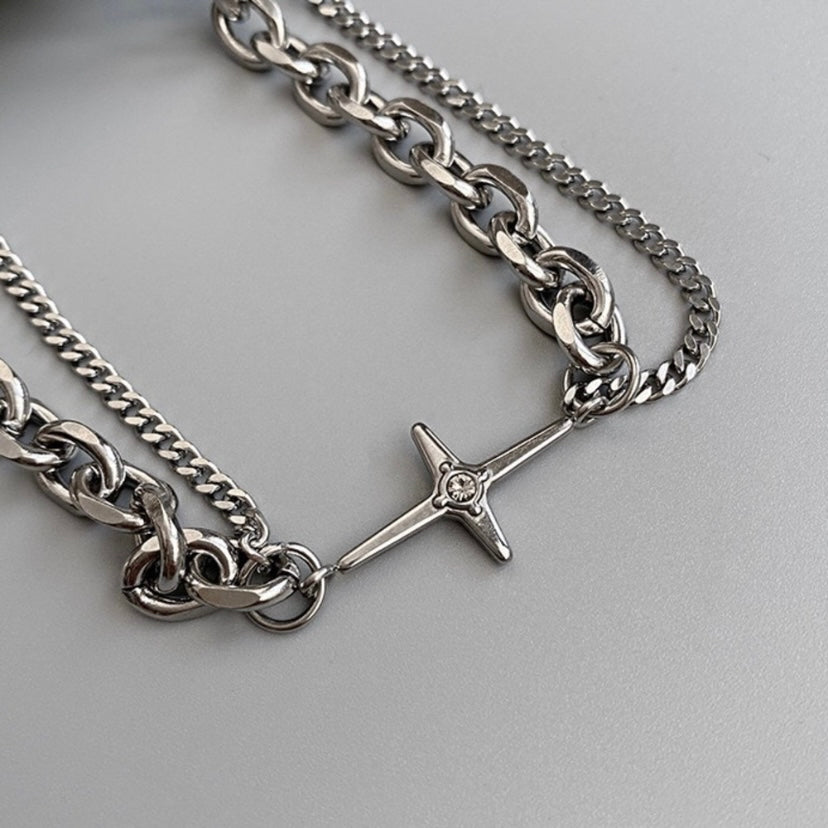 Double Layer Titanium Steel Star Link Chain Necklace for Men Women,Punk Hip Hop Necklace