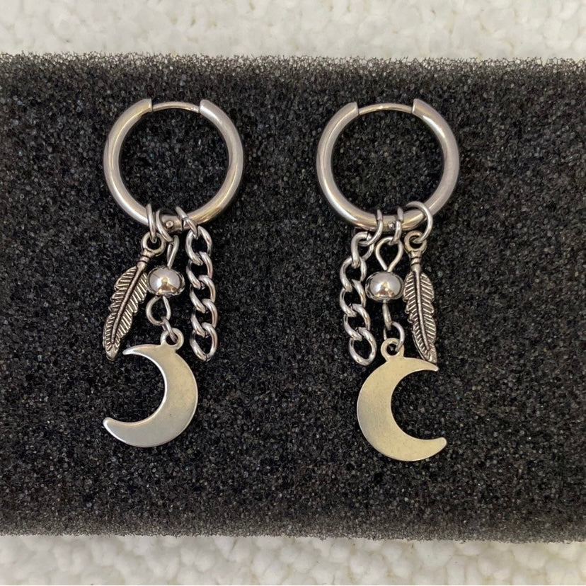 Titanium Steel Moon Dangle Drop Earrings for Men Women