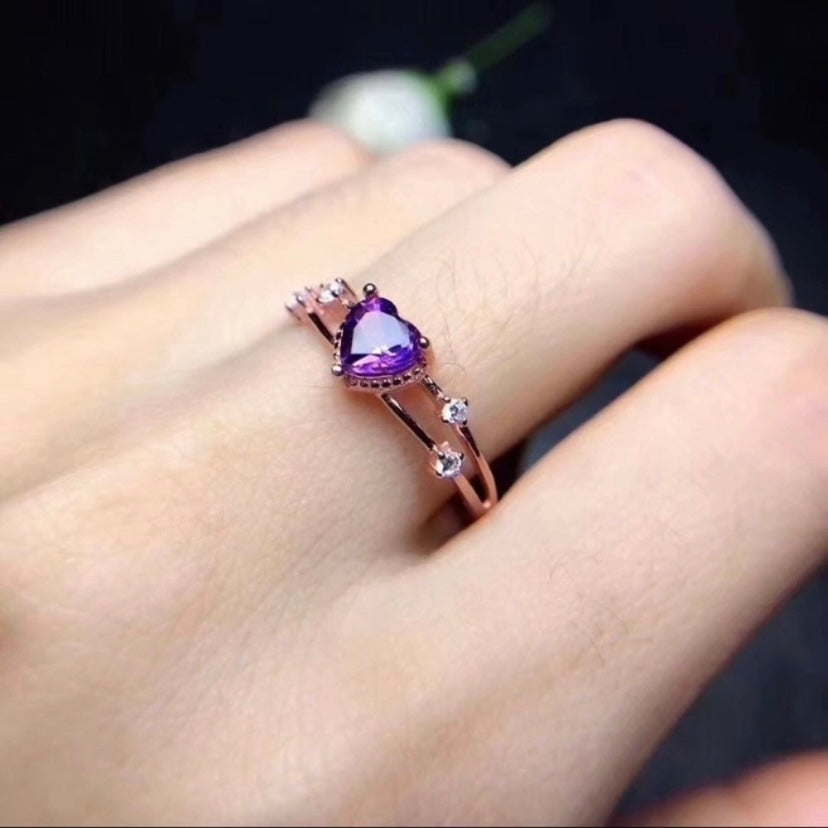 14K Rose Gold Plated Adjustable Birthstone Crystal Love Heart Amethyst Ring