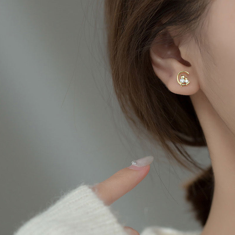 Small CZ Moon Cat Stud Earrings for Women