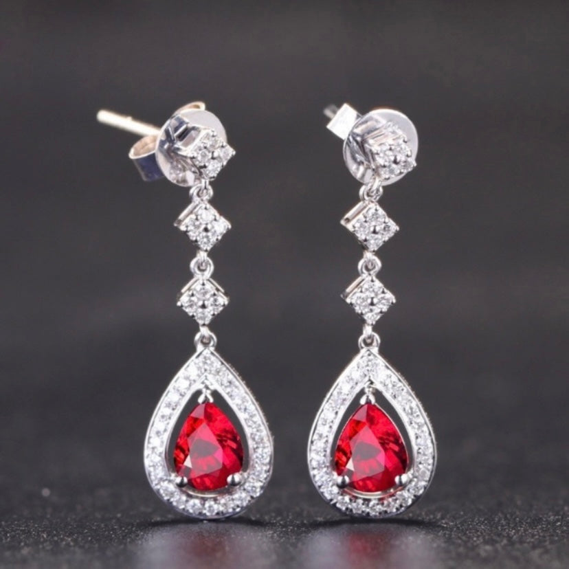 18K White Gold Plated Red Crystal Drop Dangle Earrings for Women