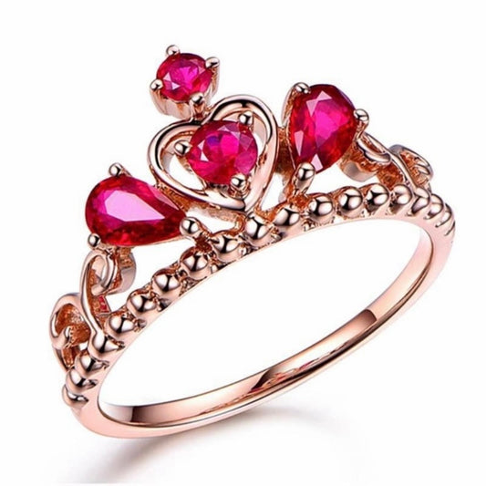 14K Rose Gold Plated Adjustable Red Crystal Ruby Crown Ring for Women