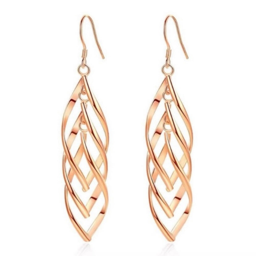 14K Rose Gold Plated Twist Leaf Dangle Earrings for Women