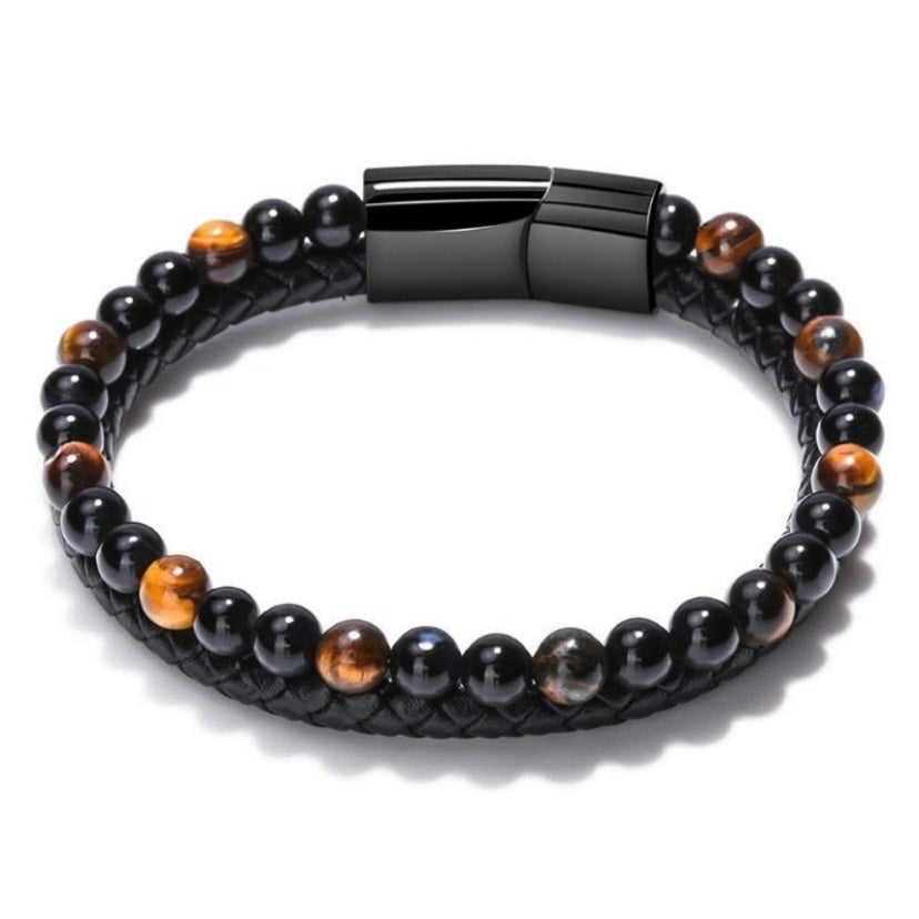 Double Layer Braided Leather Tiger Eye Stone Bracelet for Men