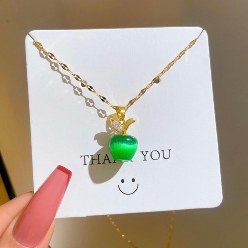 18K Gold Plated Emerald Green Crystal Apple Pendant Necklace for Women