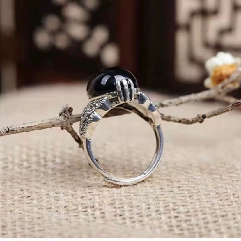 925 Silver Plated Adjustable Black Agate Ring for Women