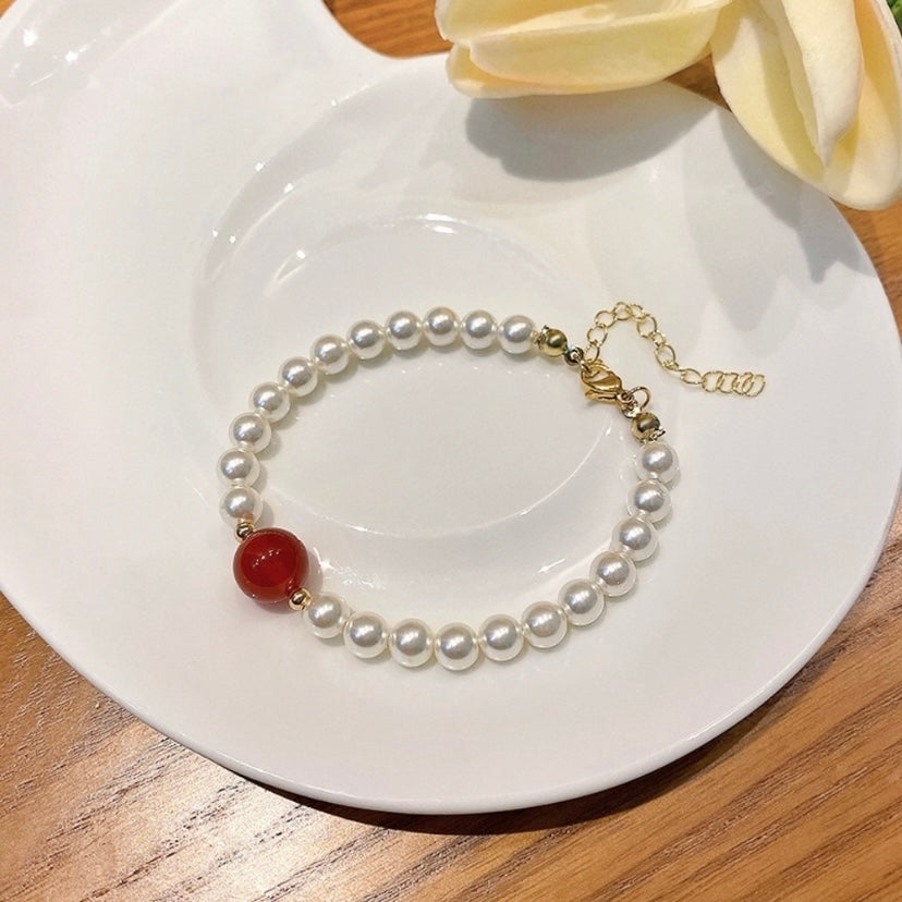 White Pearl Bracelet for Women,Adjustable Red Agate Charm Bracelet for Girls