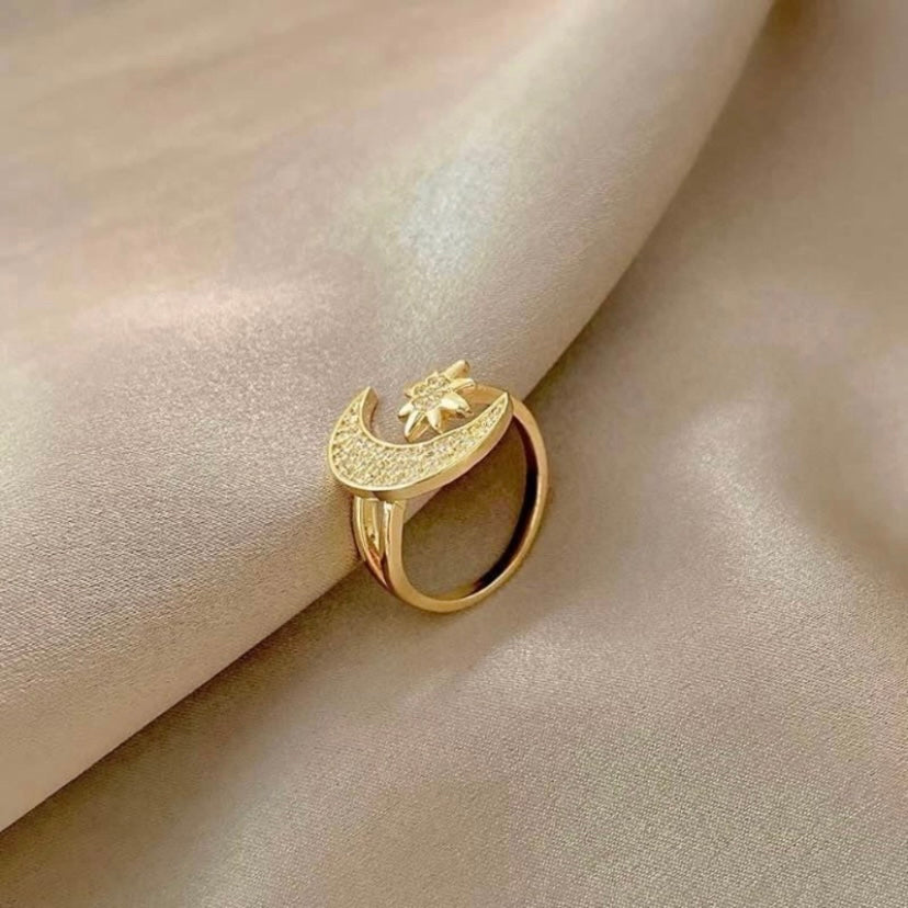 18K Gold Plated Adjustable Moon Star Ring for Women