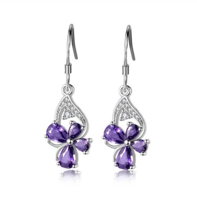 925 Silver Plated Purple Crystal Butterfly Drop Dangle Earrings for Women