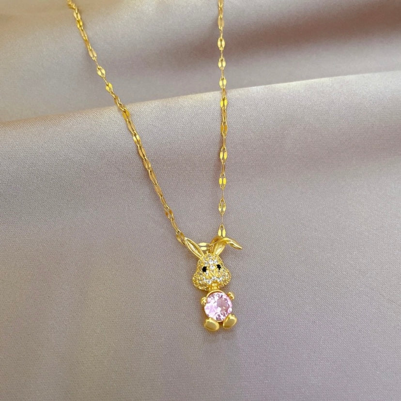 18K Gold Plated Bunny Pendant Necklace for Women,Pink Crystal Rabbit Necklace