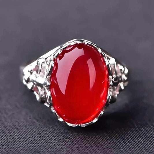 18K White Gold Plated Adjustable Red Agate Ruby Ring for Women