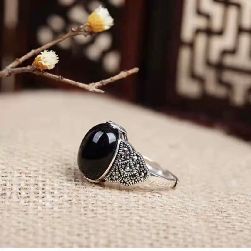 925 Silver Plated Adjustable Black Agate Ring for Women