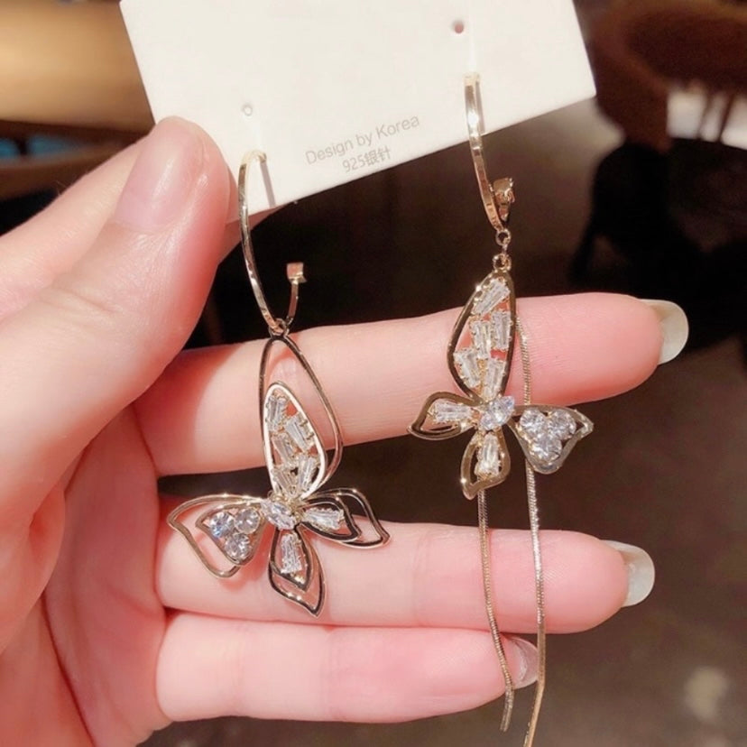 Women's Asymmetry Crystal Butterfly Tassel Dangle Drop Earrings