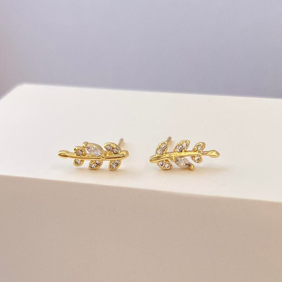 18K Gold Plated CZ Cubic Zirconia Leaf Stud Earrings for Women
