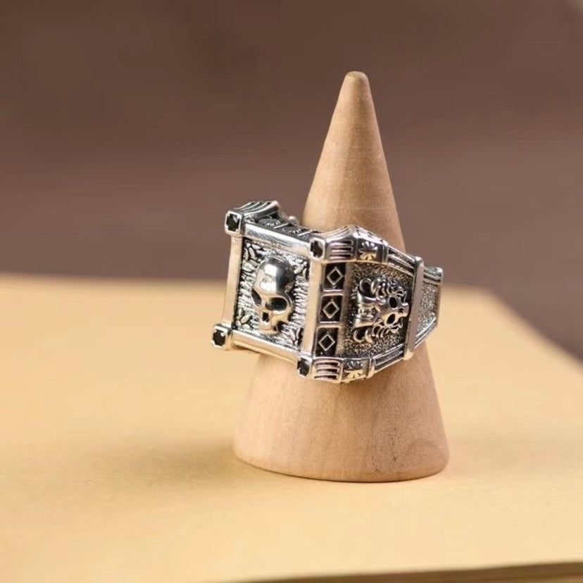 925 Silver Plated Adjustable Skull Ring for Men Women,Punk Ring,Hip Hop Ring