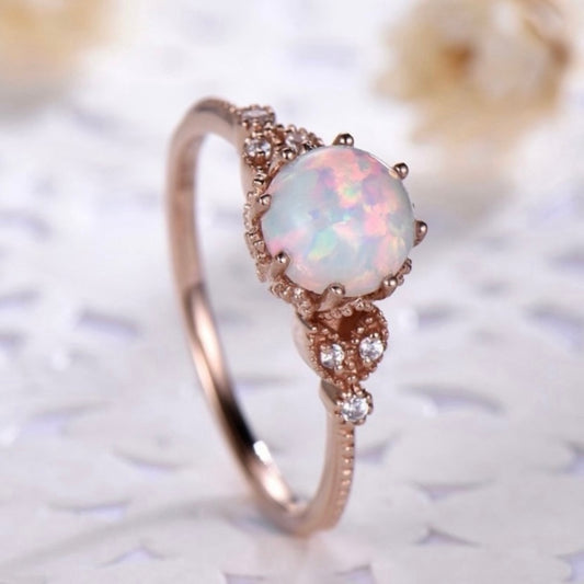 14K Rose Gold Plated Adjustable Round Opal Ring for Women