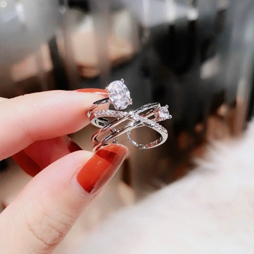 18K White Gold Plated Adjustable Crystal Open Ring for Women