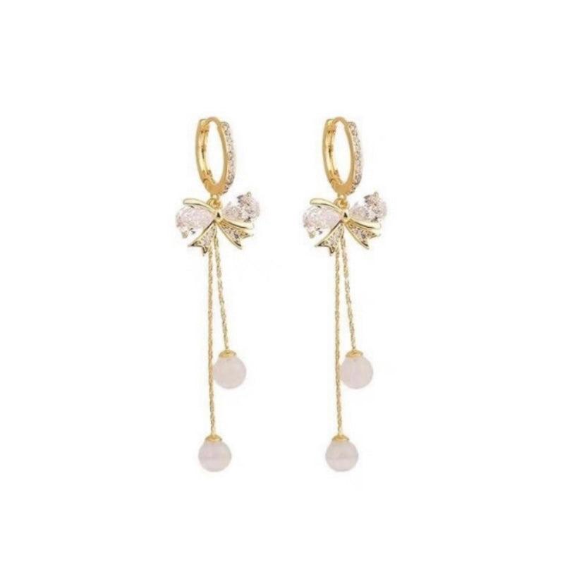 Women's Crystal Bow Tassel Dangle Drop Earrings