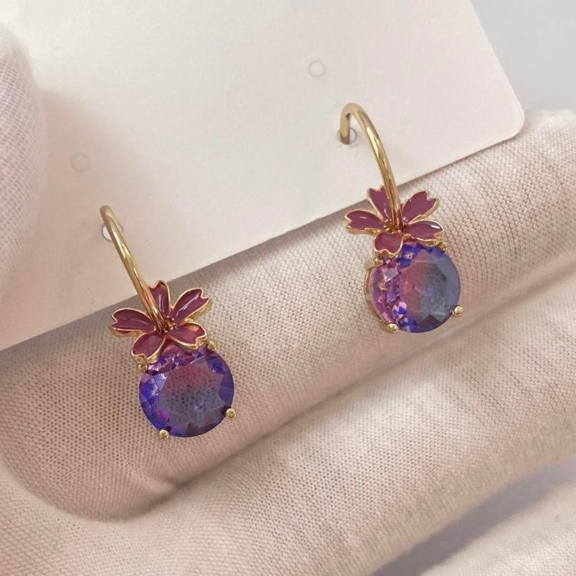 Women's Purple Crystal Flower Dangle Drop Earrings