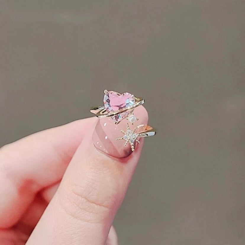 18K Gold Plated Adjustable Pink Crystal Love Heart Ring for Women