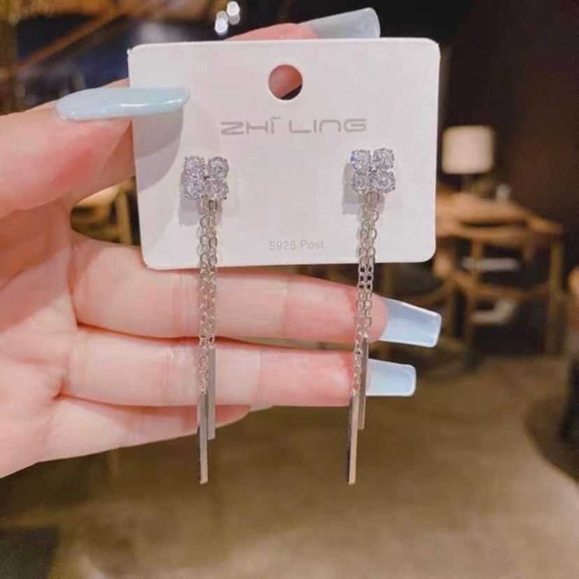 Crystal Flower Metal Chain Long Tassel Dangle Drop Earrings for Women