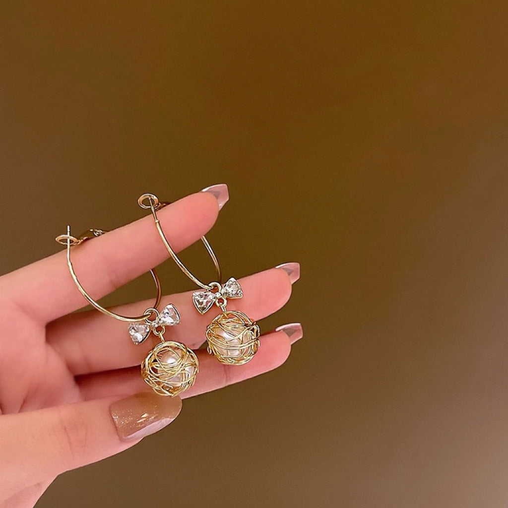 Women's Crystal Bow White Pearl Dangle Drop Earrings