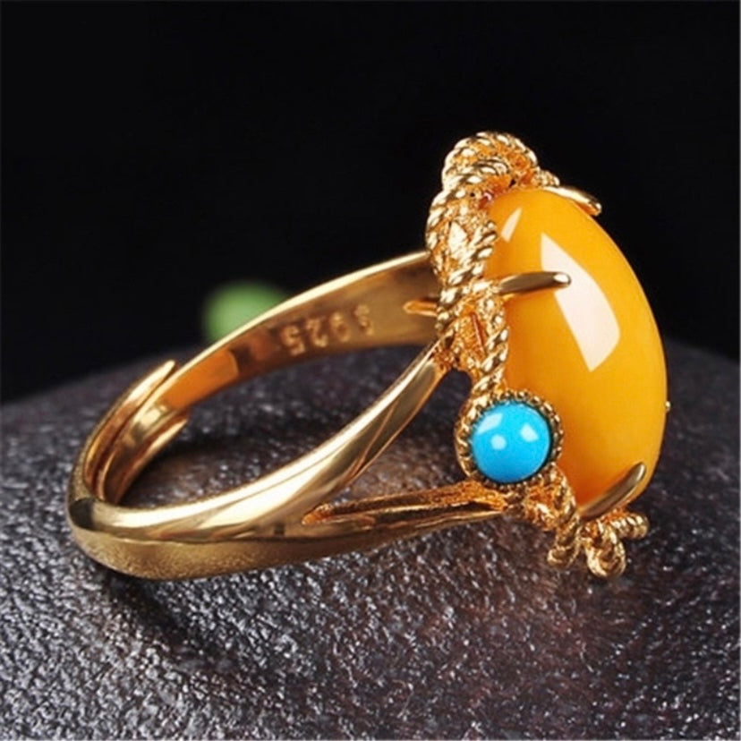 18K Gold Plated Adjustable Amber Blue Turquoise Ring for Women