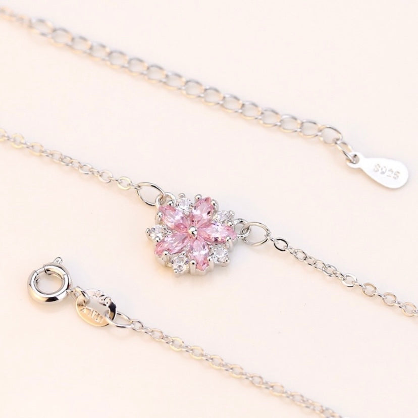 925 Silver Plated Pink Flower Pendant Necklace