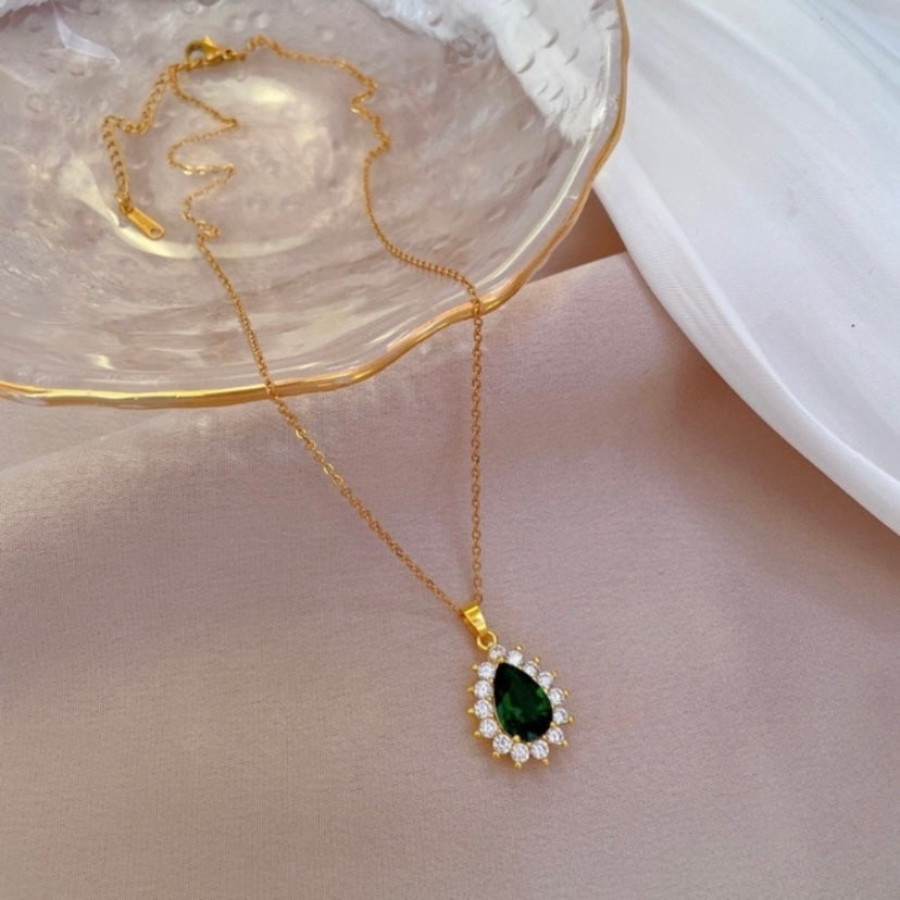 18K Gold Plated Crystal Teardrop Emerald Pendant Necklace for Women