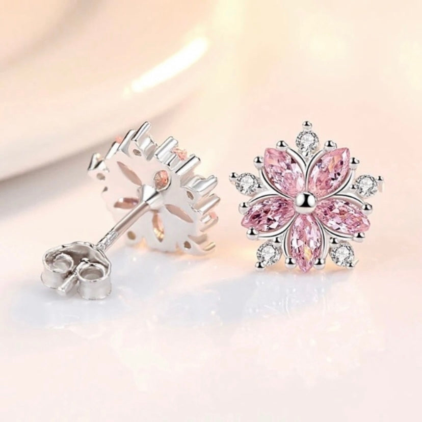 Pink Crystal Flower Stud Earrings for Women